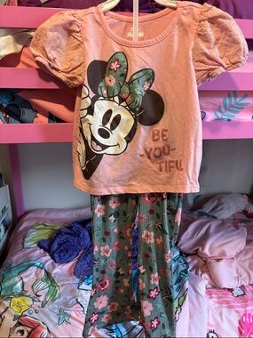 Disney Minnie Mouse Pink Tee with Green Floral Matching Set